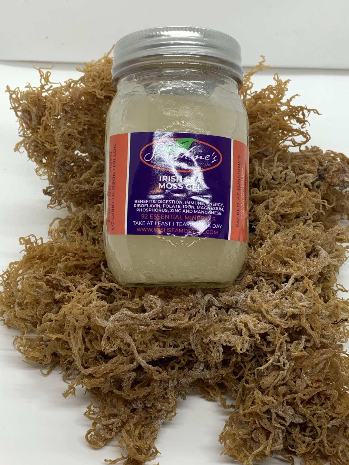 Sunshine's Irish Sea Moss Gel jar displayed with raw sea moss
