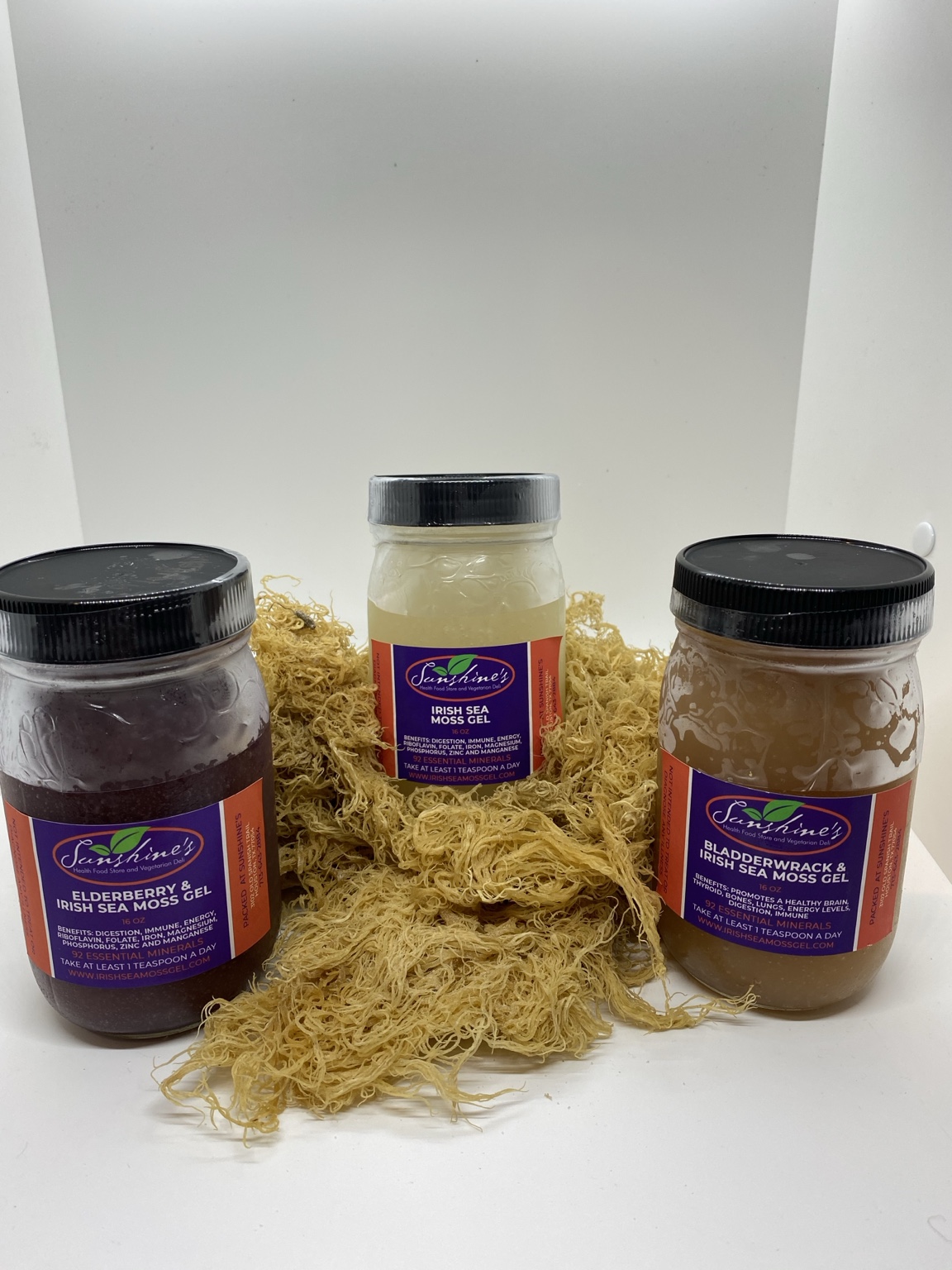 Sunshine's Elderberry Irish Sea Moss Gel, Irish Sea Moss Gel, and Bladderwrack Irish Sea Moss Gel